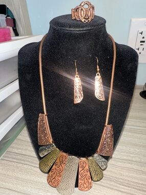 Copper-Tone Multi-Plate Pendant Necklace Set with Earrings and Ring